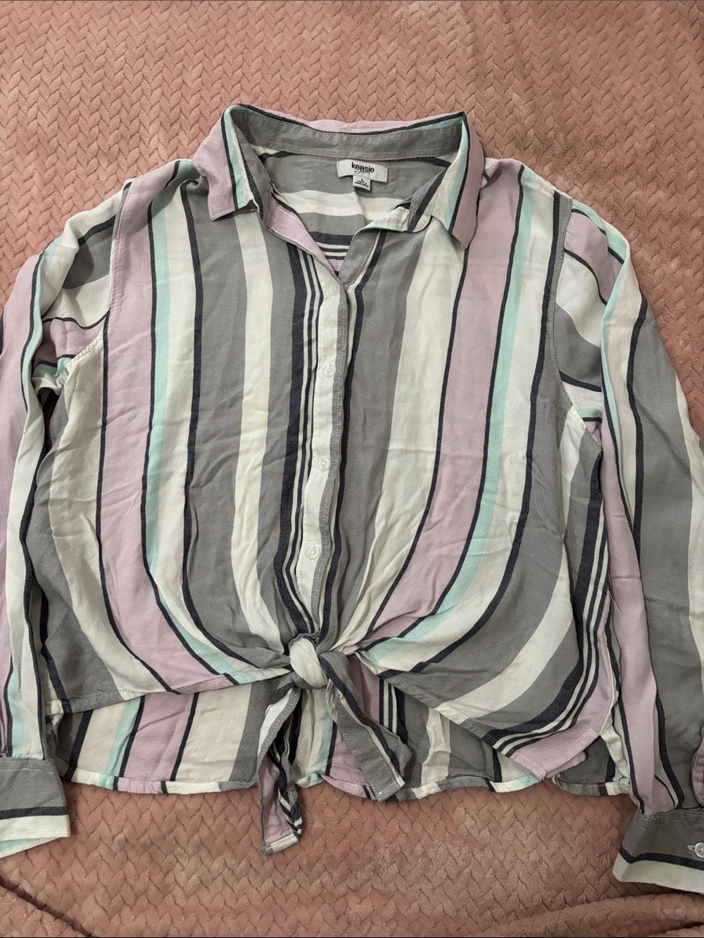 Kensie Pastel Stripe Tie-Front Button Down in Lavender, Mint, Gray & Cream